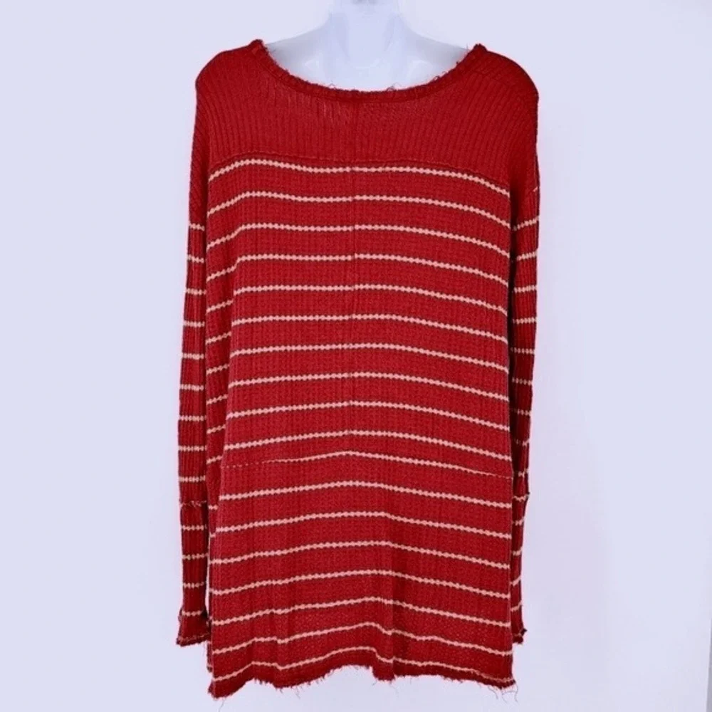 Free People Stop Sign‎ Red & Beige Stripe Waffle Knit Thermal Thrashed Raw Hem